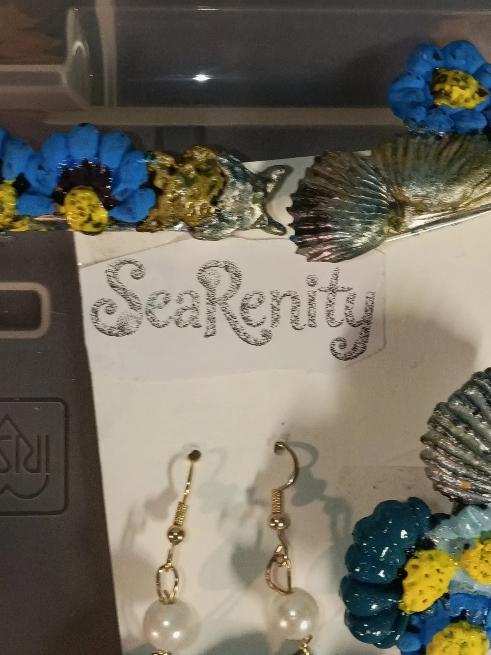 Serenity Blue & Gold Seashell Barrette and Earring Set